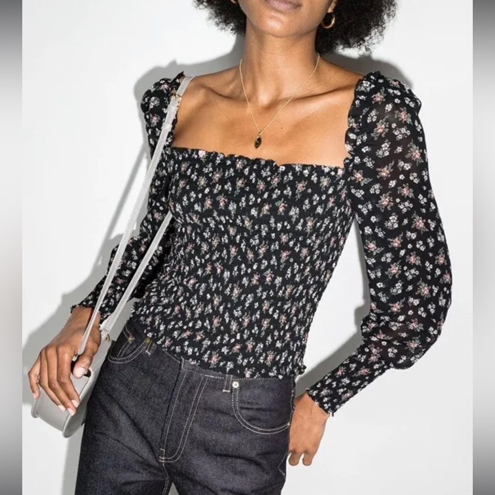 Reformation Pinto Smocked Floral Print Top Black Freesia